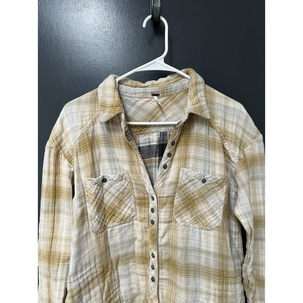 Free People Shirt Womens Sz M Long Sleeve Yellow Button Front Plaid